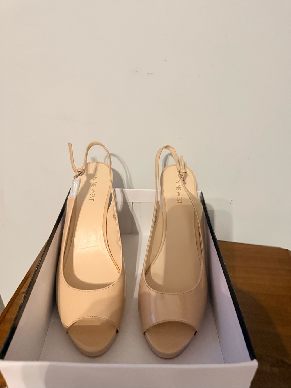 Nine West Beige Patent Peep-Toe Slingback Heels Size 12